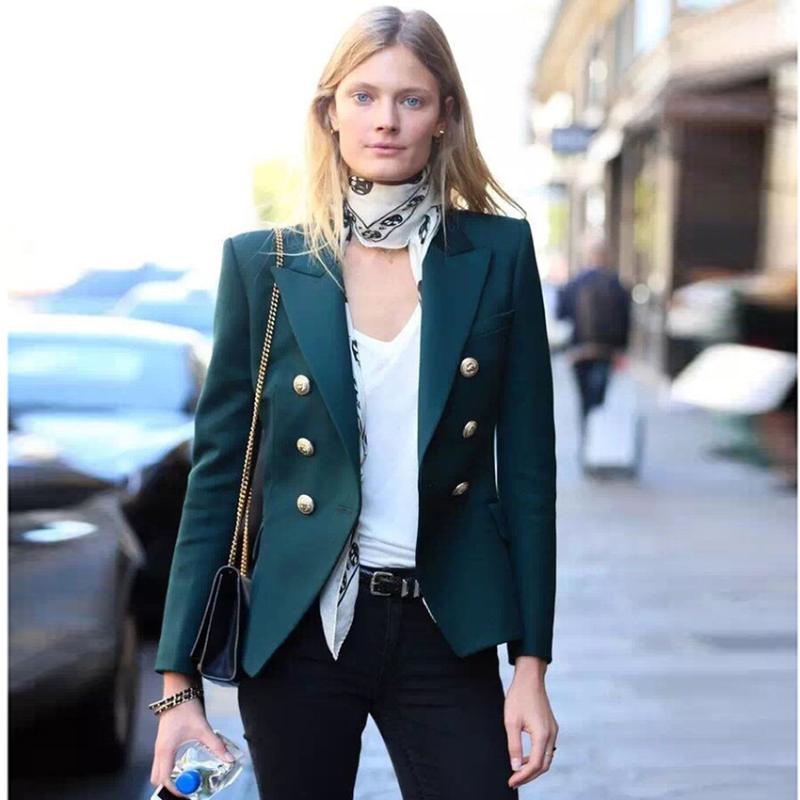 

2021 New Fashion Women' Suit Double-Breasted Metal Buckle Slim Suit Small Top Dark Green
