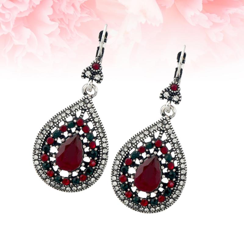 

1 Pair of Water Drop Shaped Earrings Vintage Ear Dangle Bohemian Style Ear Drop Dangler Red