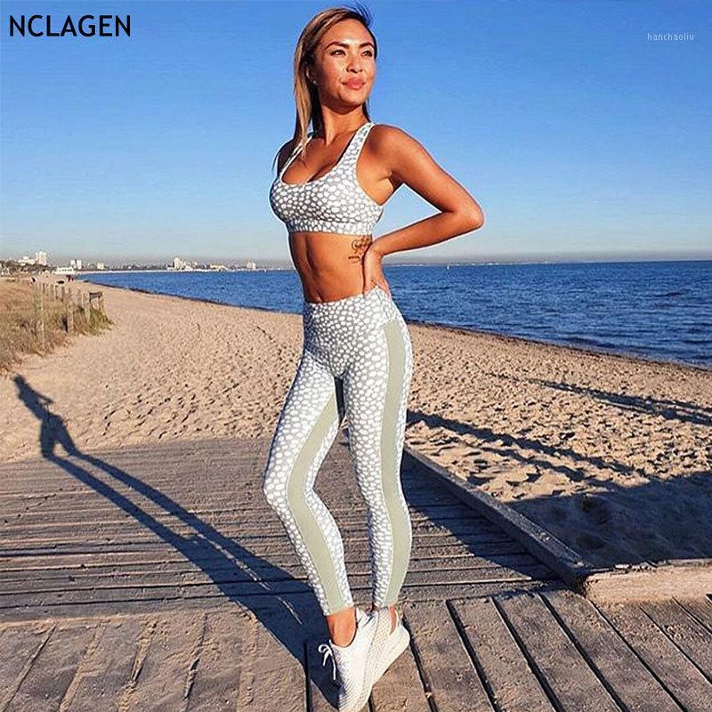 

NCLAGN Yoga Sport Set GYM Printing Jacquard Stretchy Sportswear Tank Tops High Waist BuLift Squat Proof Leggings Pant Hole1, Green