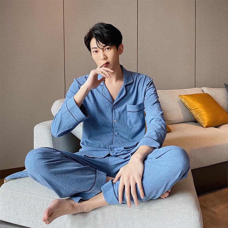

Men's Pajamas Set Colored Cotton Long Sleeve Home Clothes Suit Spring Autumn Sleepwear, Blue