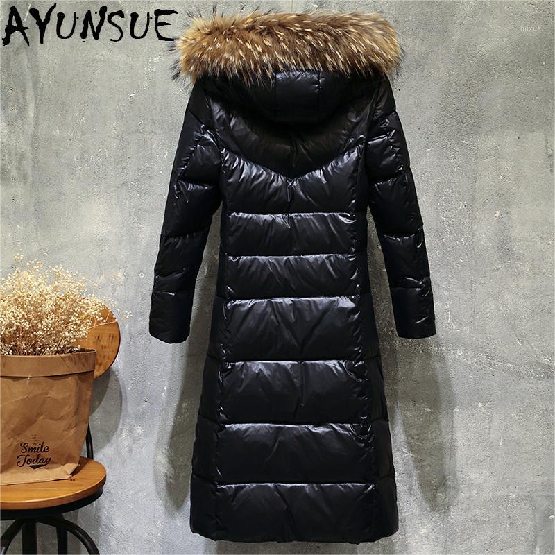 

Women Winter 90% Duck Down Jakcet Long Hoody Large Fur Collar Warm Puffer Jacket Windproof Parka doudoune femme hiver LX25171, Black yellow fur