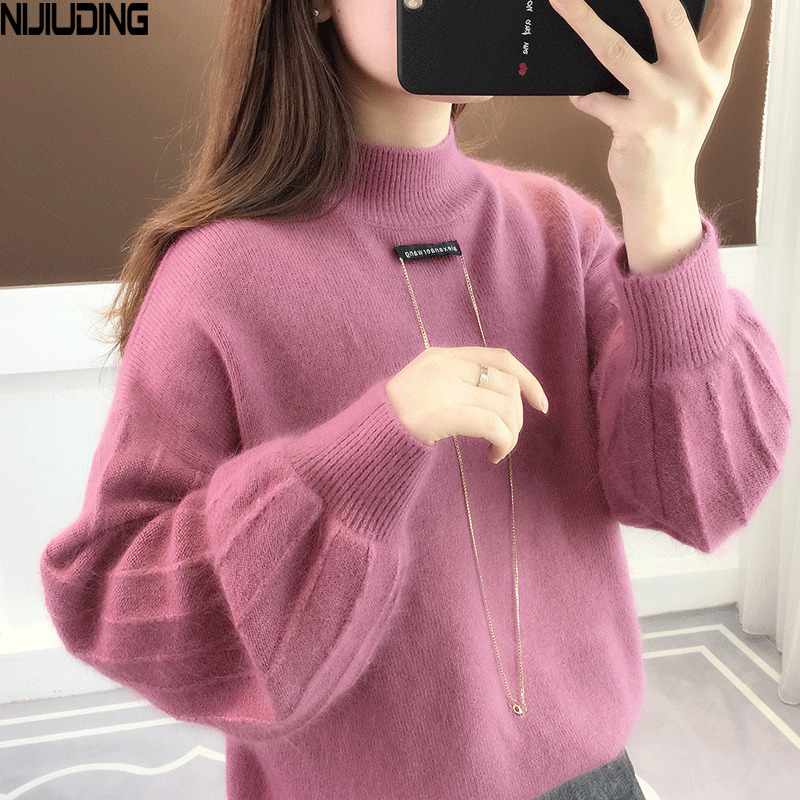

NIJIUDING Autumn Cashmere Lantern Sleeve Solid Sweater Women Wool Loose O-Neck Warm Thick Pullovers Casual Outerwear Tops Female 201130, Rose red