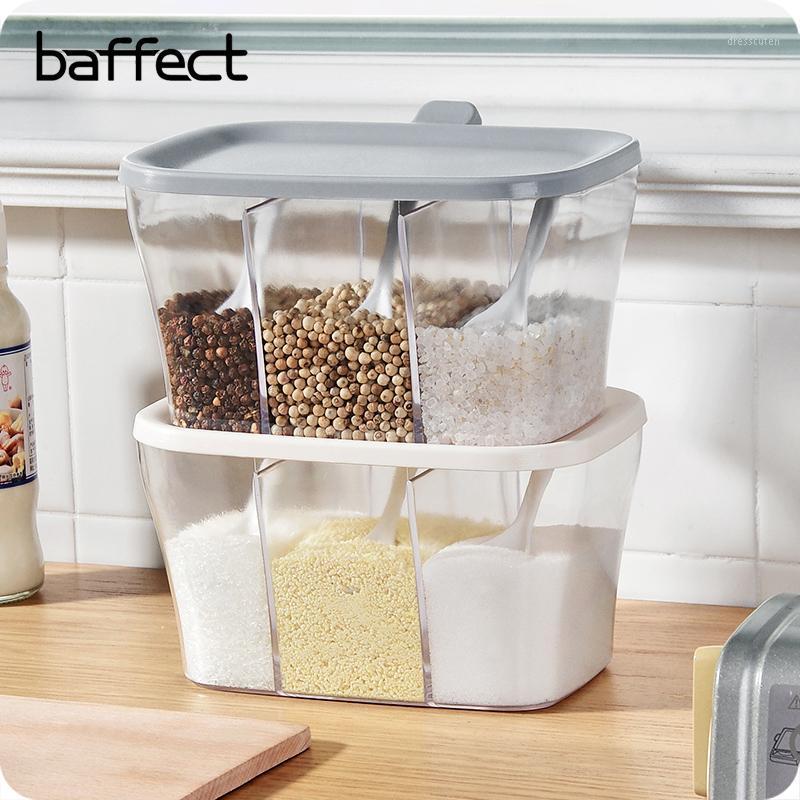 

Baffect Plastic Stackable Seasoning Box Spice Rack 3 Gird Spice Jars with Lid and Spoon Container Box For Salt Sugar Pepper MSG1