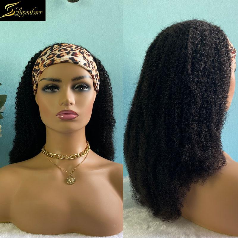 

Afro Kinky Curly Headband Wigs Human Hair Lazy Girl Approved High Ponytail Full Made Made Wig For Black Women 180% Density Remy, Black;brown