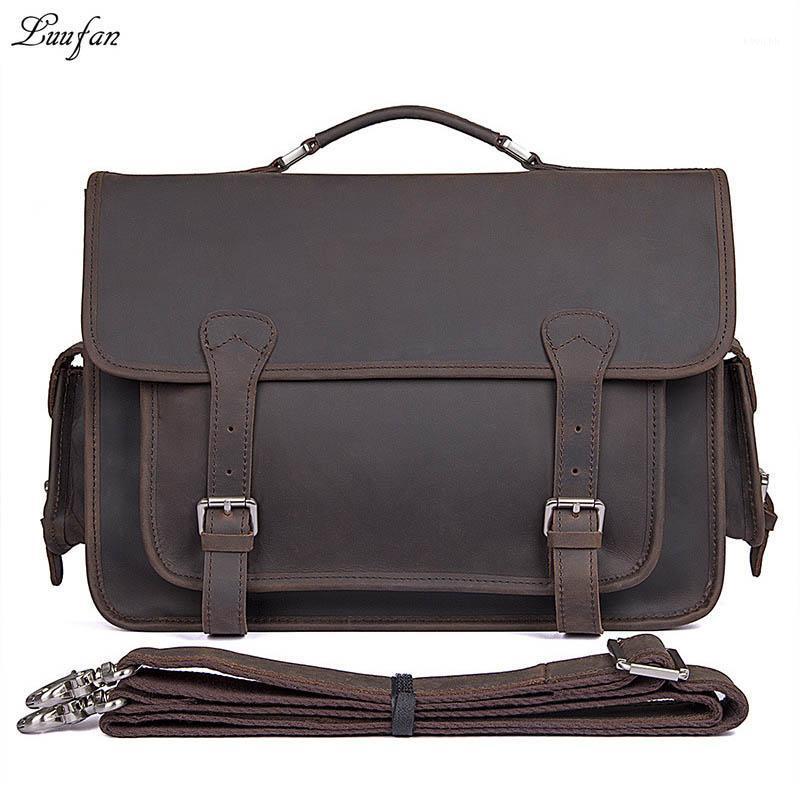 

Men's vintage crazy horse leather briefcase fit 14" Laptop bag High quality real Leather work tote business bag shoulder1, Brown