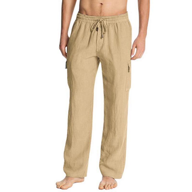 

HEFLASHOR Men Casual Cotton Linen Cargo Pants Drawstrintg Elastic Waist Summer Beach Pants With Pocket Joggers Men Long Trousers, Green