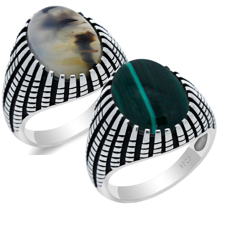 

Natural Stone Ring 925 Sterling Silver Male Ring Natural Malachite/Agate Stone Punk Style Party/Wedding Men's Fine Jewelry