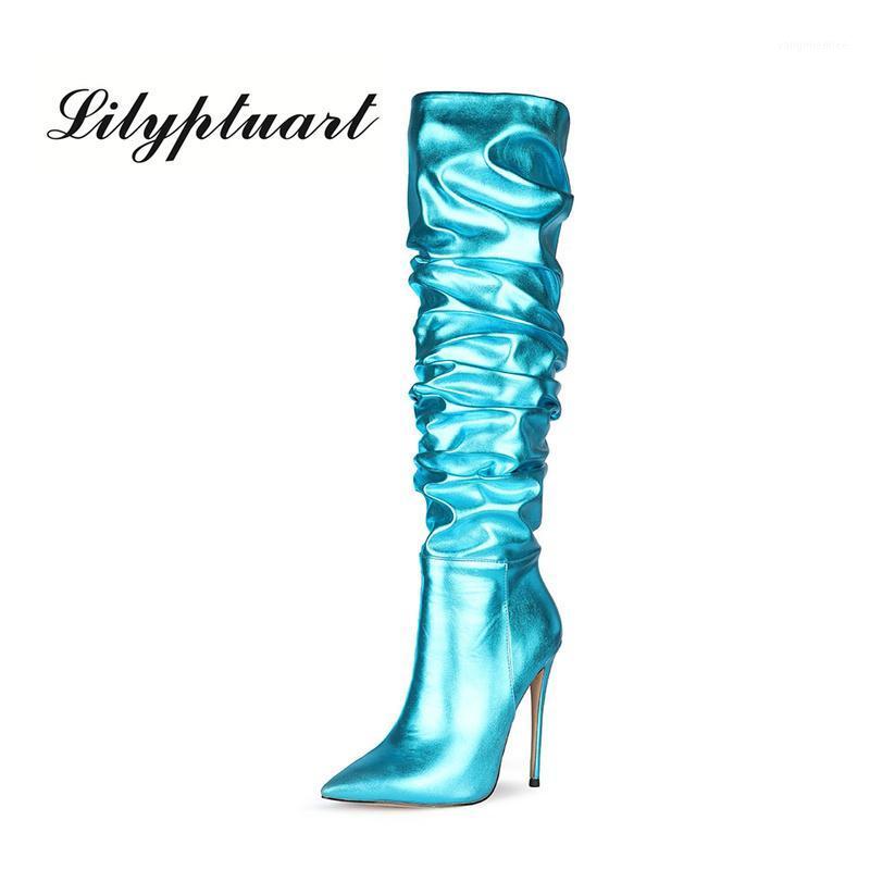 

European and American style 2020 new stiletto high heel crepe high boots patent leather sleeve that is knee fashion boots women1, Blue 11cm
