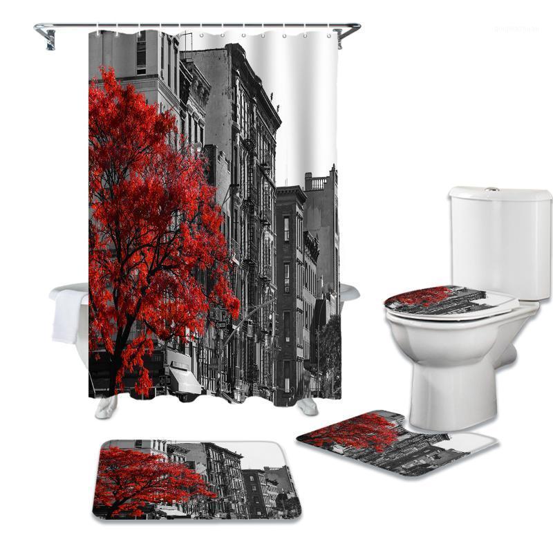 

Street City Apartment Red Fall Tree Shower Curtains Bathroom Curtain Bath Sets Toilet Cover Mat Non-Slip Washroom Rug Set1