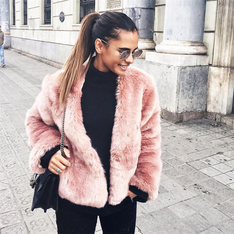 

Luxury Fluffy Fur Coat Women Winter Collarless Long Sleeve V-neck Fur Jackets Overcoat Wedding Cardigan Short Coat, White