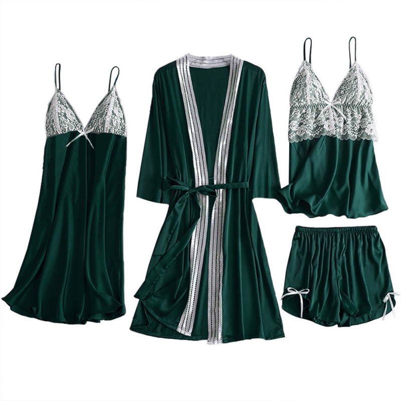 

Hot Women 4 Pieces Pajamas Set Silk Satin Robe Lace Trim Bow Gown Dress Camisole Shorts Sleepwear Suit Plus Size 3XL, Blue