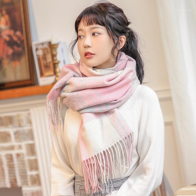 

100% Wool Scarf Women Thicken Warm Pink Plaid Echarpe Shawls and Wraps Checkered Winter Cashmere Scarves Foulard Femme1