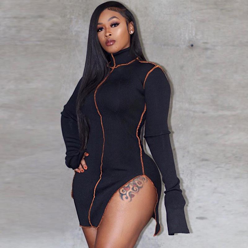 Womens One Piece Dress New Soild Color Long Sleeve High Collar Split Stitching Line Sexy Skirt For Ladies Club Casual Evening Dresses-image-601351715