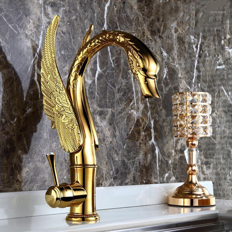 

Luxury Gold Swan Faucet Solid Brass Hot and Cold Water Tap Wash Basin Single Handle Faucet Bathroom Faucets Waterfall1