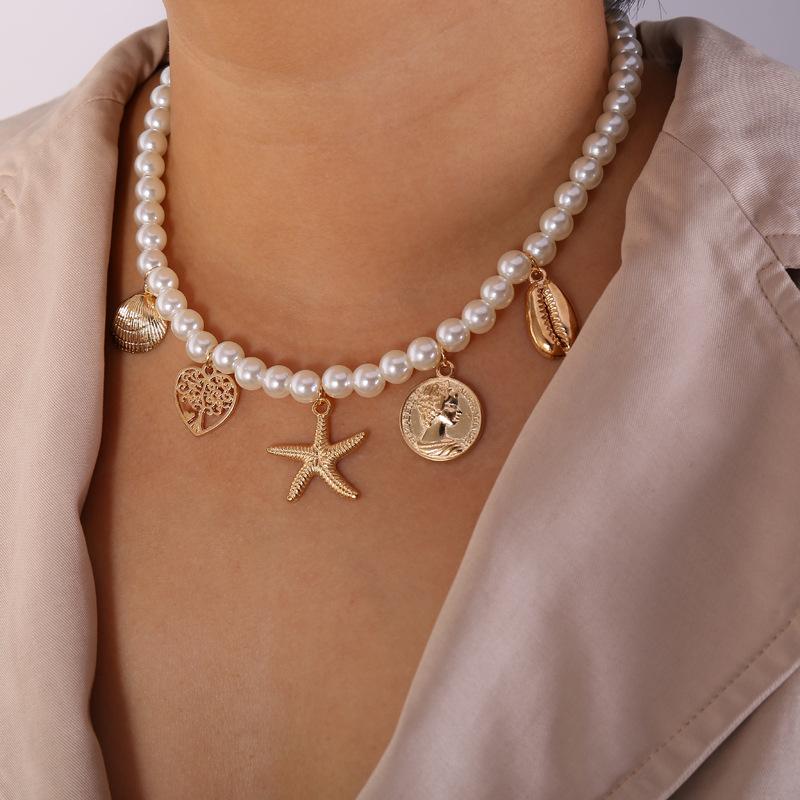 

Lovely Choker Women Necklace Pearl Starfish Shell Necklace Coin Clavicle Chain Collares Party Jewelry Friendship Gift
