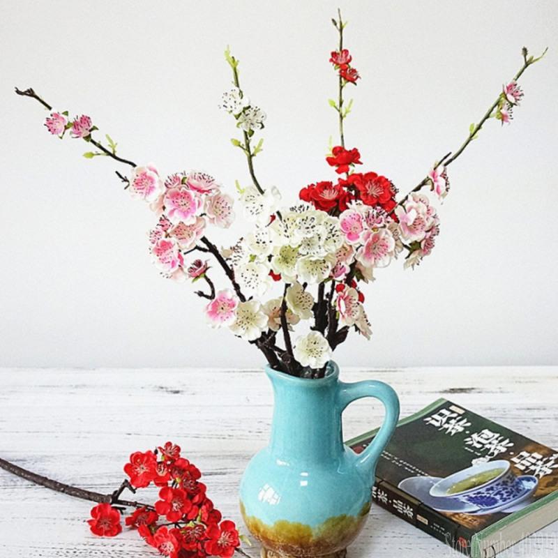 

2021 classical Plum Cherry blossoms Artificial Silk flowers Sakura tree branches Wedding Decoration Home table Decor fake flower, Red 1pcs