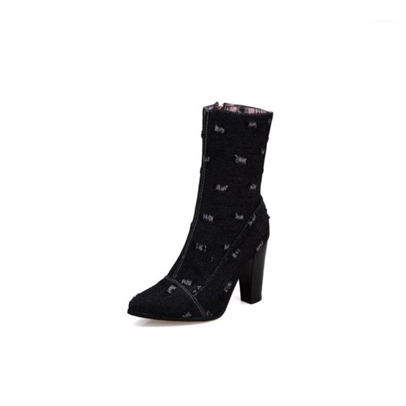 

BLXQPYT Plus Big & Small Size 23-50 Denim Boot Short Pointed Toe Women Autumn Winter High Heels 9.5cm Wedding Shoes Woman T6171, Black