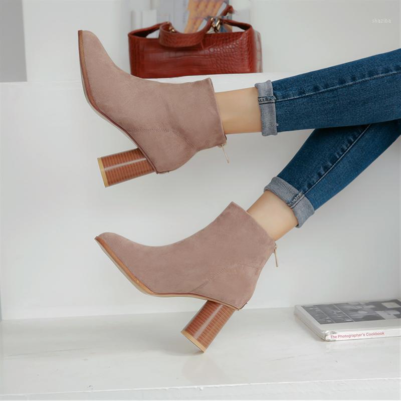 

Plus Size 34-48 Women Pumps High Heels Shoe Zipper Ankle Boots Spring Autumn Women Flock Boot Ladies Party Western Fashion Boots1, Beige