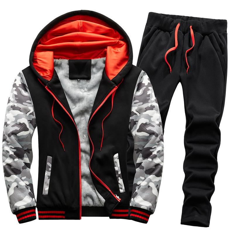 

5XL Winter Men Sportswear Tracksuit Thick Fleece Hoodie Jacket Sweatshirt+pant Running Jogger Fitness Gym Casual Set Sport Suit, Black