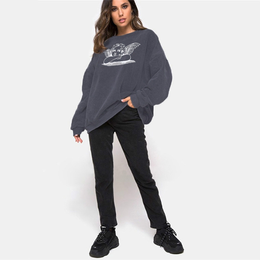 

Februaryfrost Women Angle Print Hoodies Casual Loose Oversize Long Sleeve Sweatshirts 2020 Autumn Winter Fashion Streetwear Outfit, Gray
