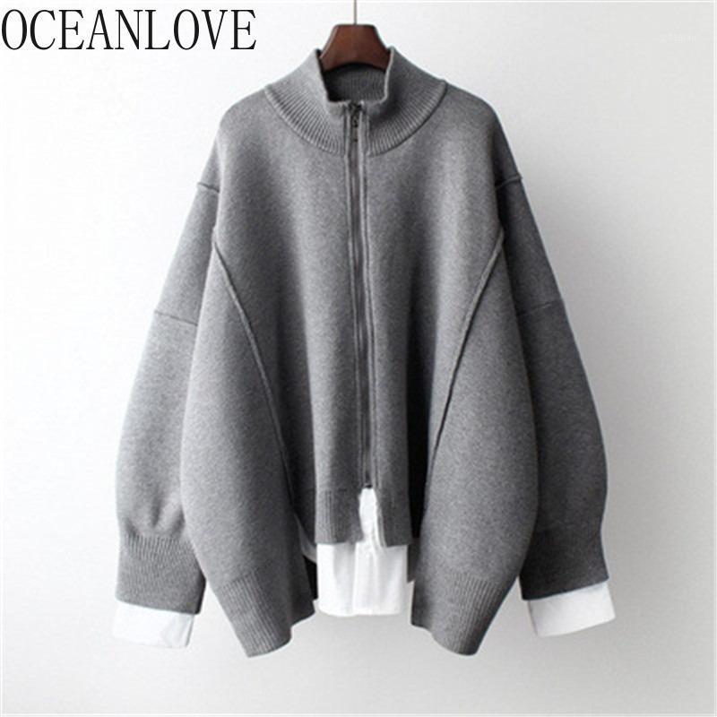 

OCEANLOVE Fake 2 Pcs Sweaters Women Patchwork Zipper Turtleneck Autumn Winter Cardigans Korean Retro Mujer Chaqueta 189351, Black