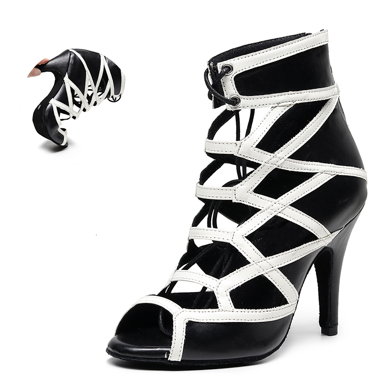 

2021 New Gilrs Splicing Ballroom Latin Black White High Heel Salsa Dancing Shoes for Girls Ankle Latino Dance Boots Sandals Yjwc, Black-8.5cm