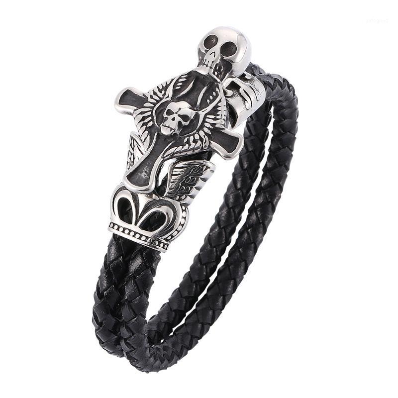 

Charm Bracelets Retro Shape Men's Black Double Leather Bracelet Stainless Steel Magnetic Buckle Fashion Simple 7-PW7551