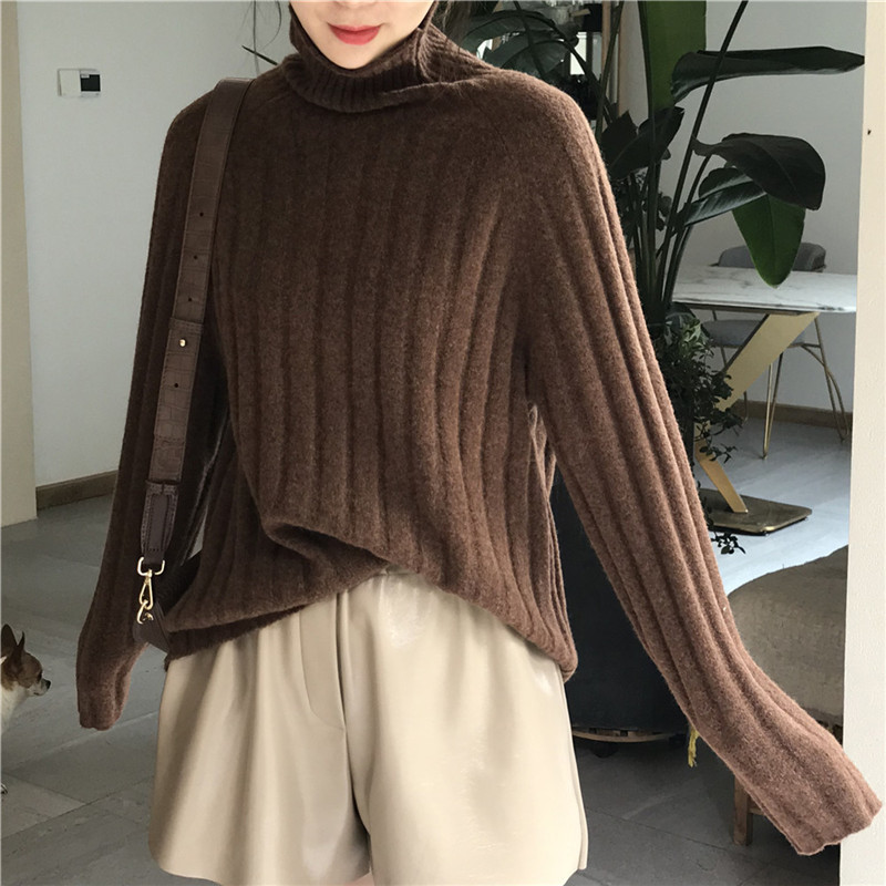 

2021 New Women's Blouses Fall Camel Hair with Turtlenecks High-sleeve Stripes Basic Long-sleeve Short Underwear Tops 3CO5