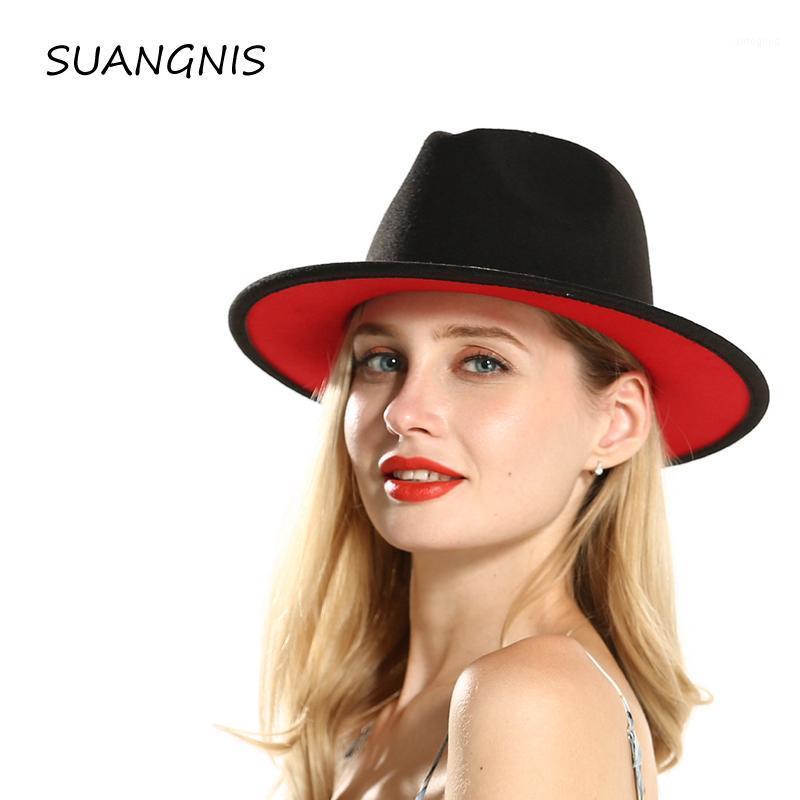 

Stingy Brim Hats Winter Autumn Imitation Woolen Women Ladies Fedoras Top Red And Black Splice Jazz Hat European American Round Caps Bowler H, White
