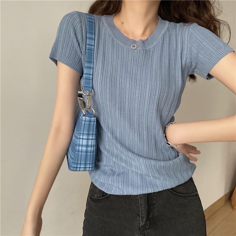 

Neck Sleeves Top Shirt O T Tee Short Female High Knitted Summer Women Elasticity Breathable Tshirt Shirt Basic, Black