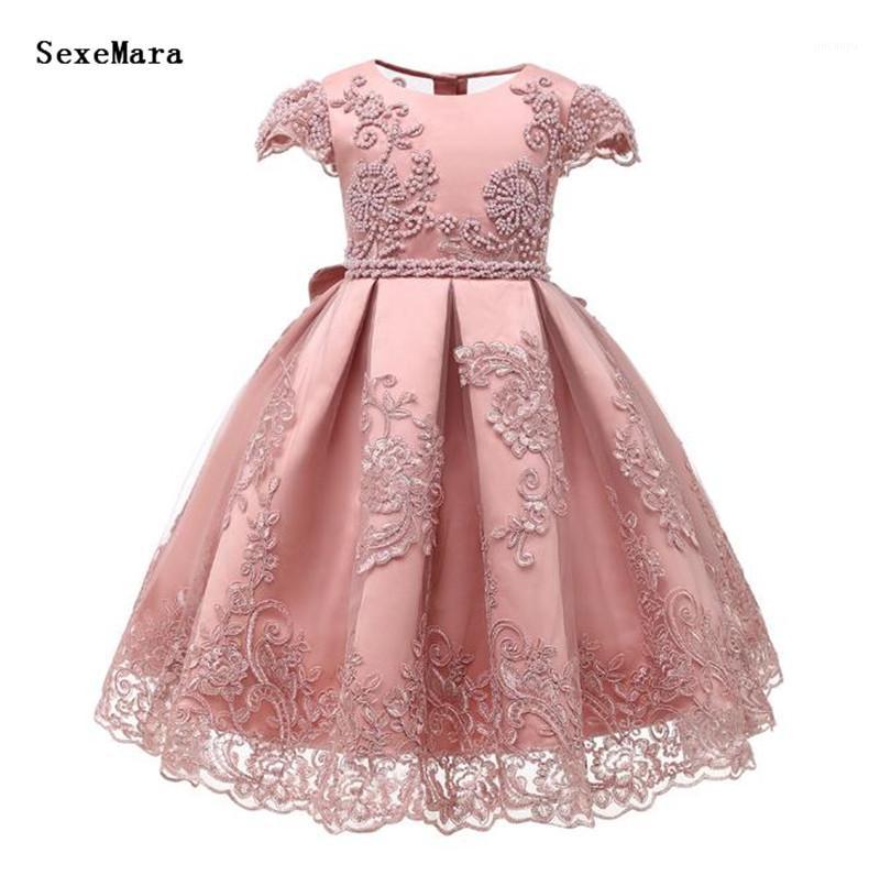 

Pink Customized Flower Girl Dresses Kids Clothes Pearls Lace Children Baby Girls Birthday Dress Pageant Gowns Cap Sleeve1