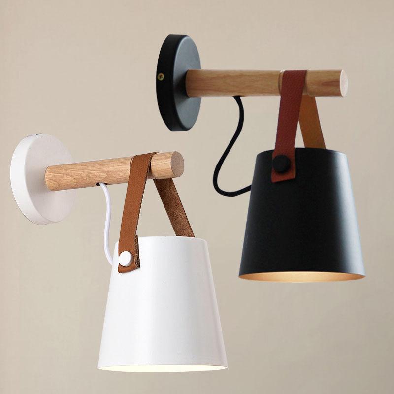 

Wood-Wall-Light Bedroom Beside LED Light Black & White Modern Wall Lamp Nordic Style Wood Wall Sconce with Leather Belt WF1020