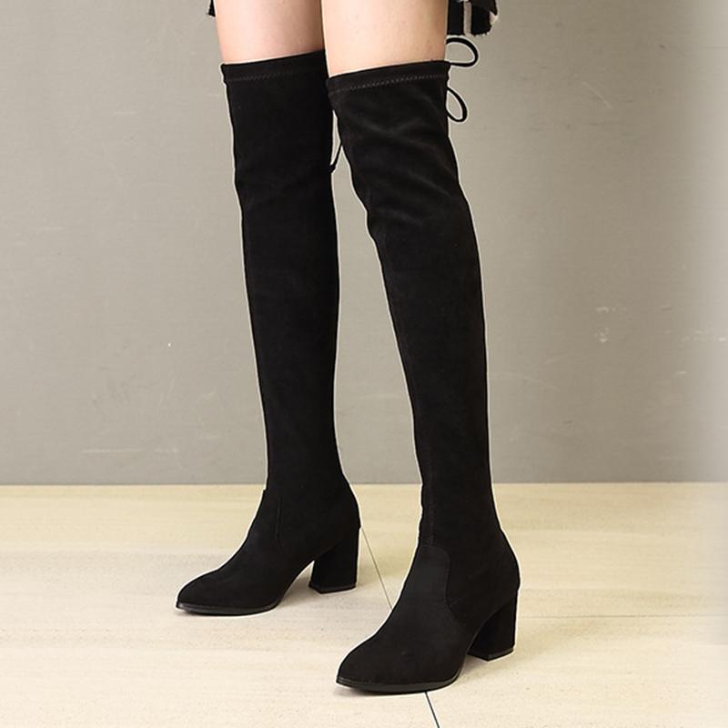 

Bottom high boots pointed toe boots women shoes fall and winter over the knee long elastic thick, Black