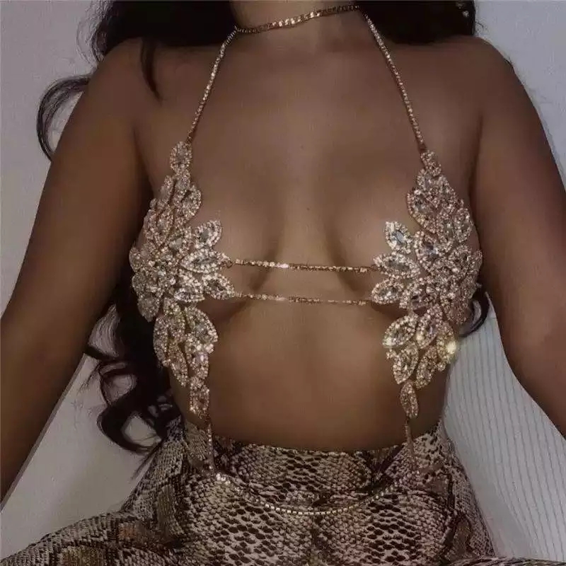 

Sparkle Crystal Body Chains Jewelry Gold Silver Hollow Flower Pattern Women Rhinestone Chest Chain Nightclub Party Accessories AL7580