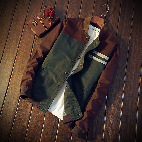

Mens Cotton Slim Baseball Jacket Biker Motorcycle Coat Outwear Hot Sell Windbreaker Green And Brown fz2901, As pic