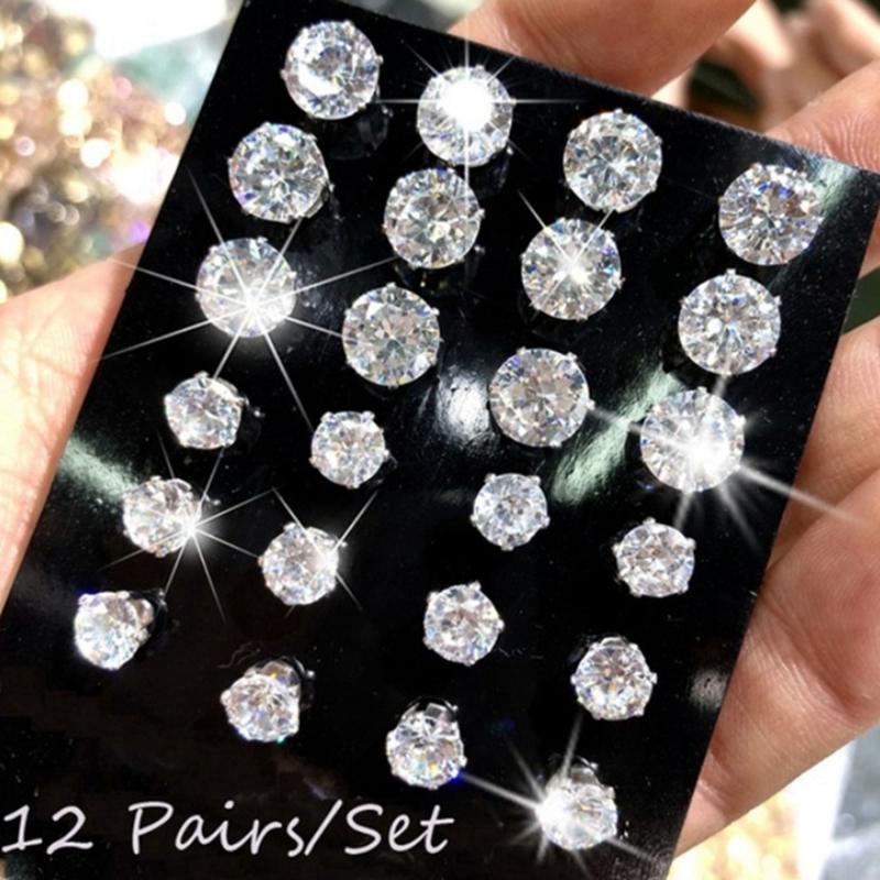

12 Pair/Pack CZ Shiny Crystal Wedding Stud Earrings for Women Men Piercing Ball Ear Jewelry Accessories Earing Oorbellen