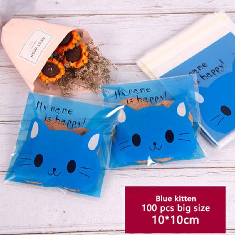 

100pcs Self Adhesive Packaging Bag Blue Frosted Background Blue Cartoon Cat Head Soap Biscuits Birthday Party Gift Bag1