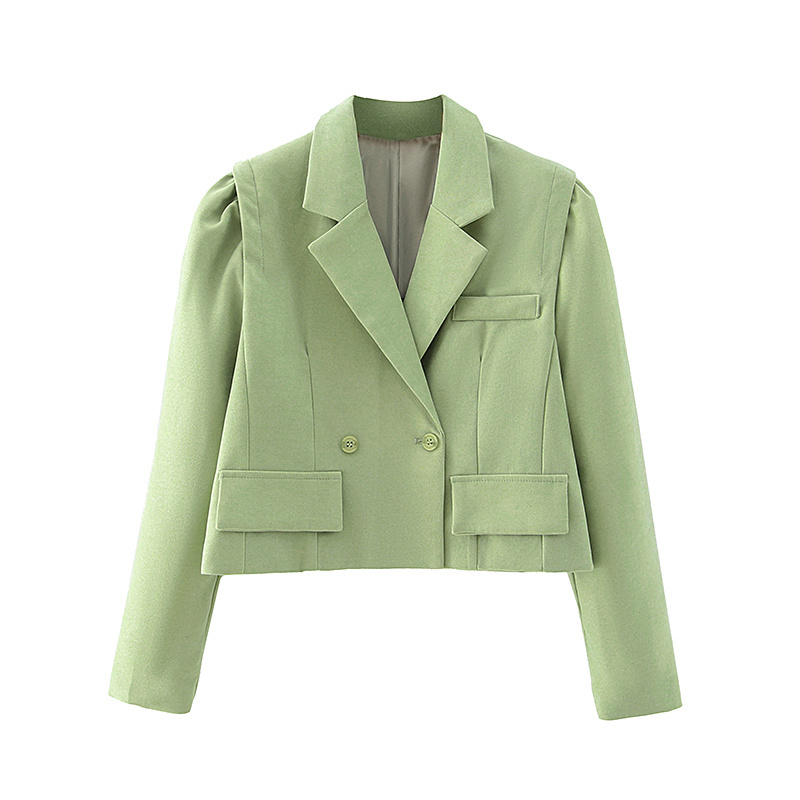

2021 New Vintage Elegant Green Women Short Blazer Jacket Fashion Wooded Necklace Casual Ladies Beautiful Girls Fancy Suits YGM0