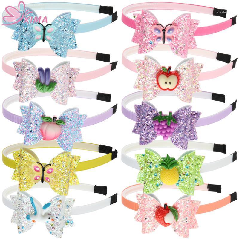 

XIMA 10pcs/lot 3''Fruit Design Glitter Hair Bows Headband Girls Party Hairband Candy Bows with Plastic Headband Hair Accessories1, Mix