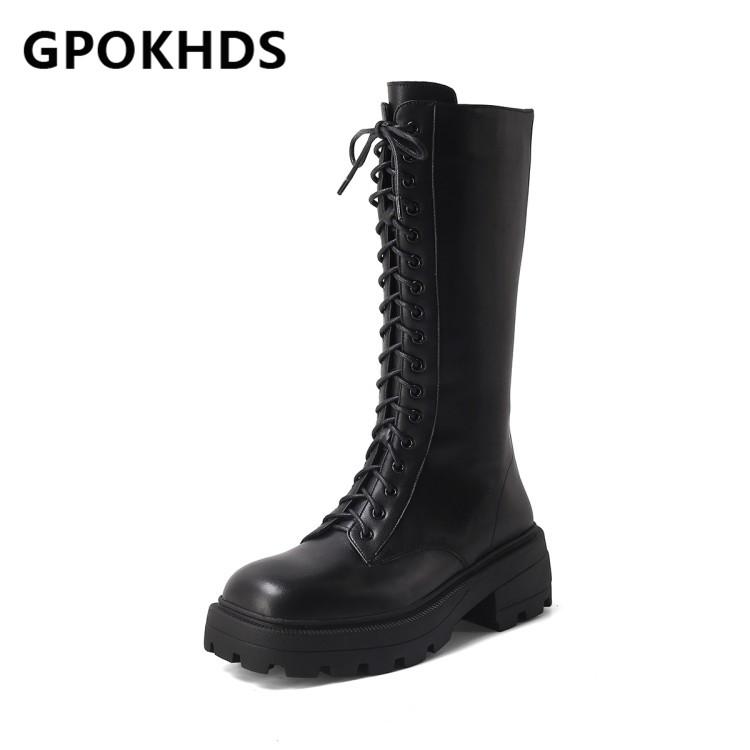 

GPOKHDS 2021 women Mid-Calf boots Cow leather Winter short plush Square Toe Zipper High heels female Riding boots size 40, Black