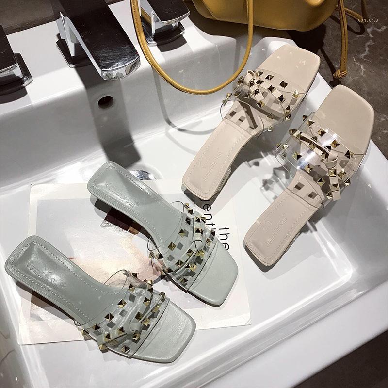 

2020 Summer New Square shui jing gen Slippers Bow Surest Outer Wear Fashion Network Red Sandals Female1, Beige