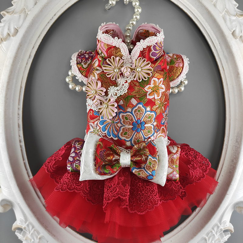 

Free Shipping Handmade Dog Clothes Dog Coat Dress Fur Collar Outfit Japanese Style Pattern Dazzled Skirt Winter 2 Choice Yorkie, Red