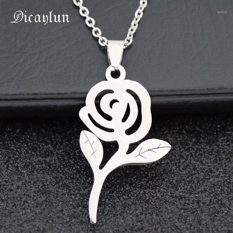 

DICAYLUN Stainless Steel Rose Flower Necklace Leaf Hollow Pendant Charm Women Accessories Silver Chain Collier Jewelry Gift 20201