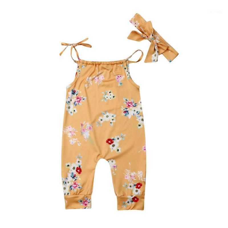 

2020 Baby Summer Clothing Infant Baby Girl Floral Romper Sleeveless Strap Jumpsuit Outfits Clothes Headband Set1, Yellow