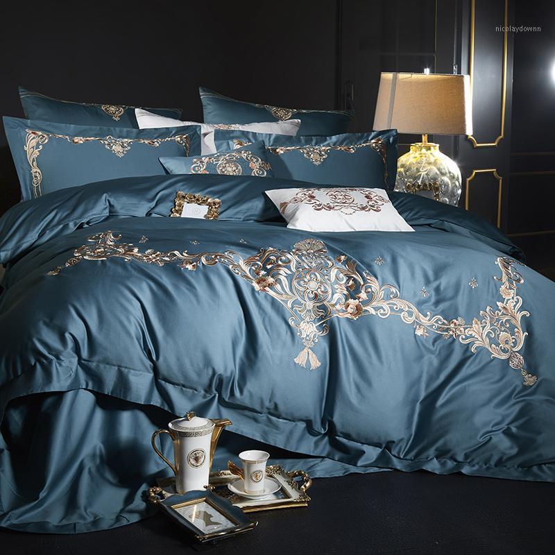 

Queen King size Egyptian Cotton Blue Bedding set Queen King size Embroidery Quilt/Duvet cover Bedsheet set Pillowcase1, Color 1