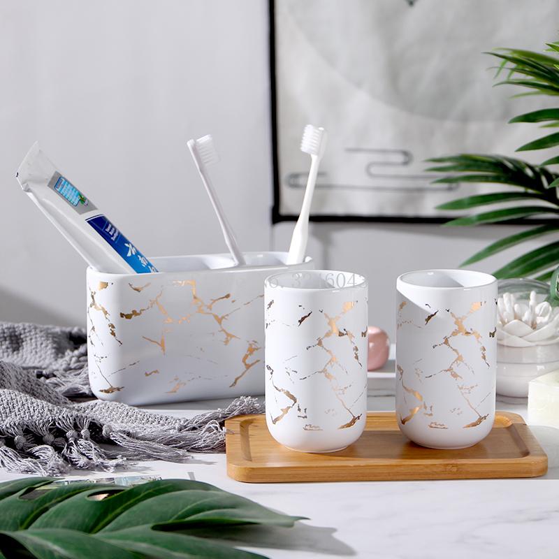 

Creative marble ceramic bathroom set of 4 mouthwash cup toothbrush holder bamboo tray simple bathroom couple wedding wash set
