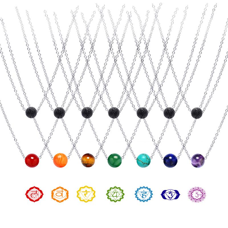 

Lava Stone Essential Oil Diffuser Necklace 7Chakra Healing Balance Beads Stainless Steel Chain Yoga Necklace