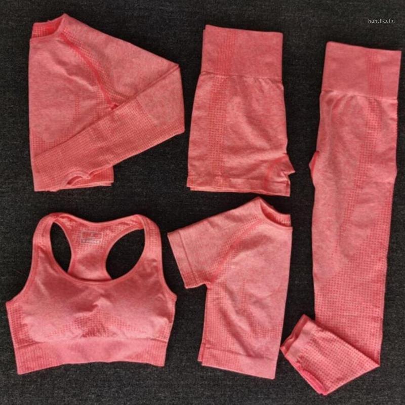 

5 pcs set Women Seamless yoga set Fitness Sports Suits GYM Cloths Yoga Bra High Waist Running shorts Workout clothing tops1, Gray blue set