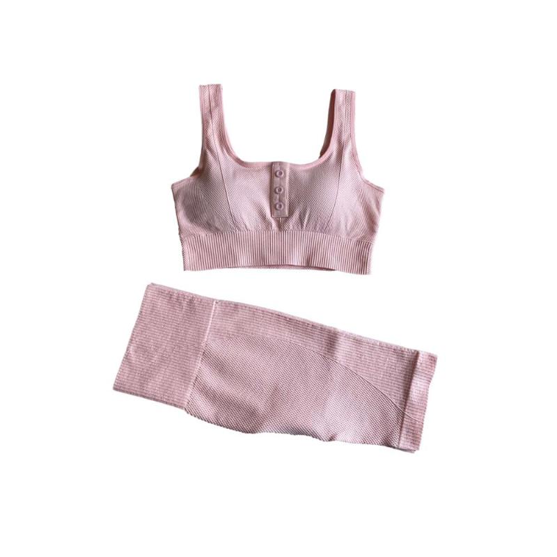 

2pcs/Set Button Seamelss Yoga set Sport Set Women Power Down Running Shorts + Sport Bra Sportsuit Workout Outfit Fitness Gym, Pink
