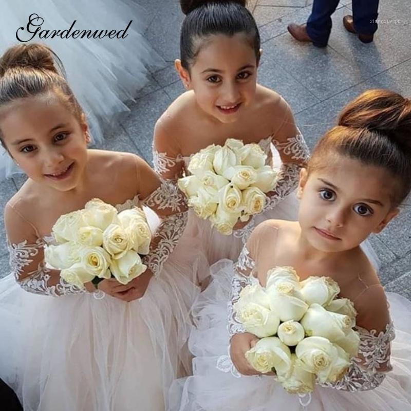 

Gardenwed 2021 Celebrity Prom Dress Lace Appliques Sleeve Tulle Scoop Bow Sashes Pearls Kids Flower Girl Dresses1 Girl's Dresses, Same as picture